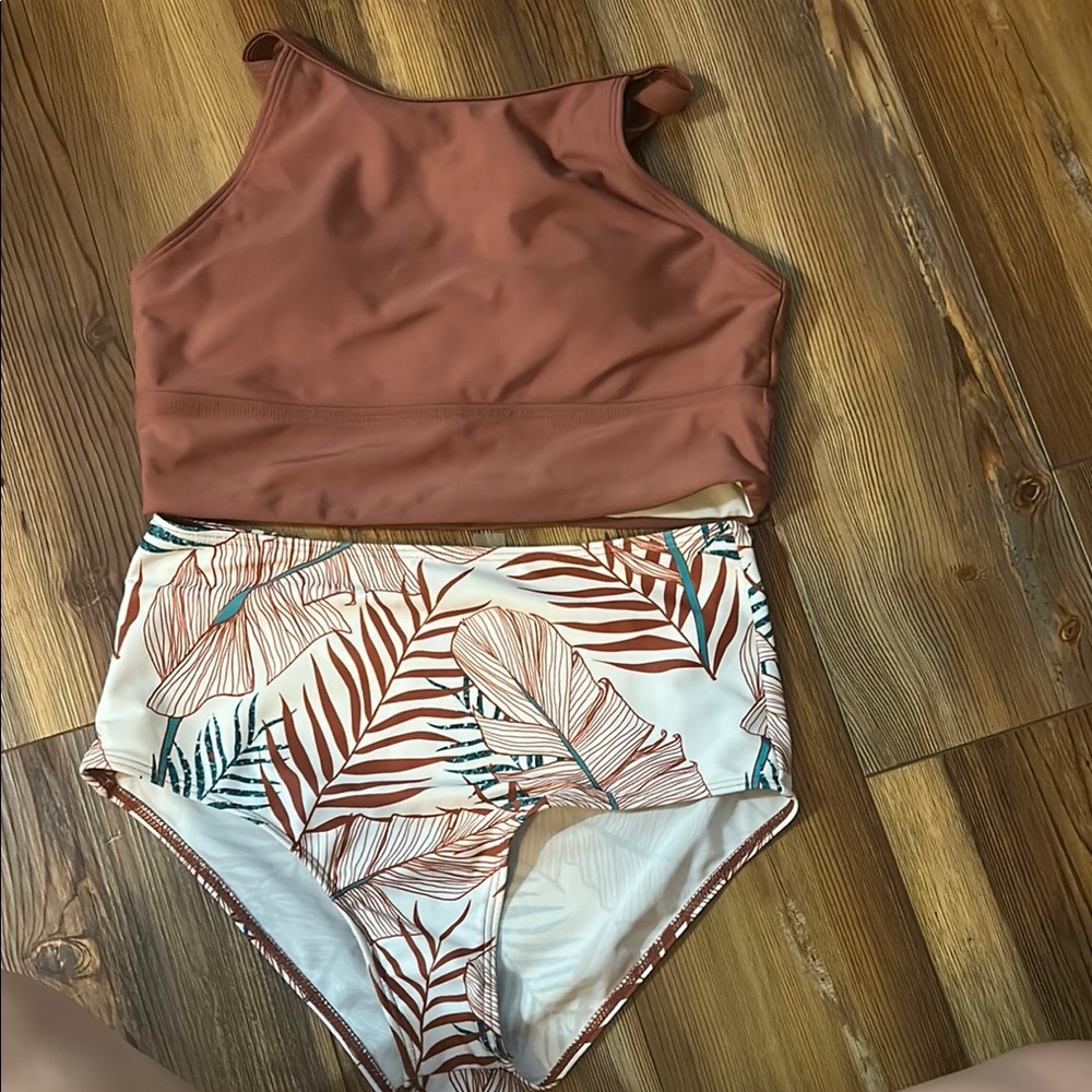 Amazon Essentials Brown and White Bikini High Neck Crop Top